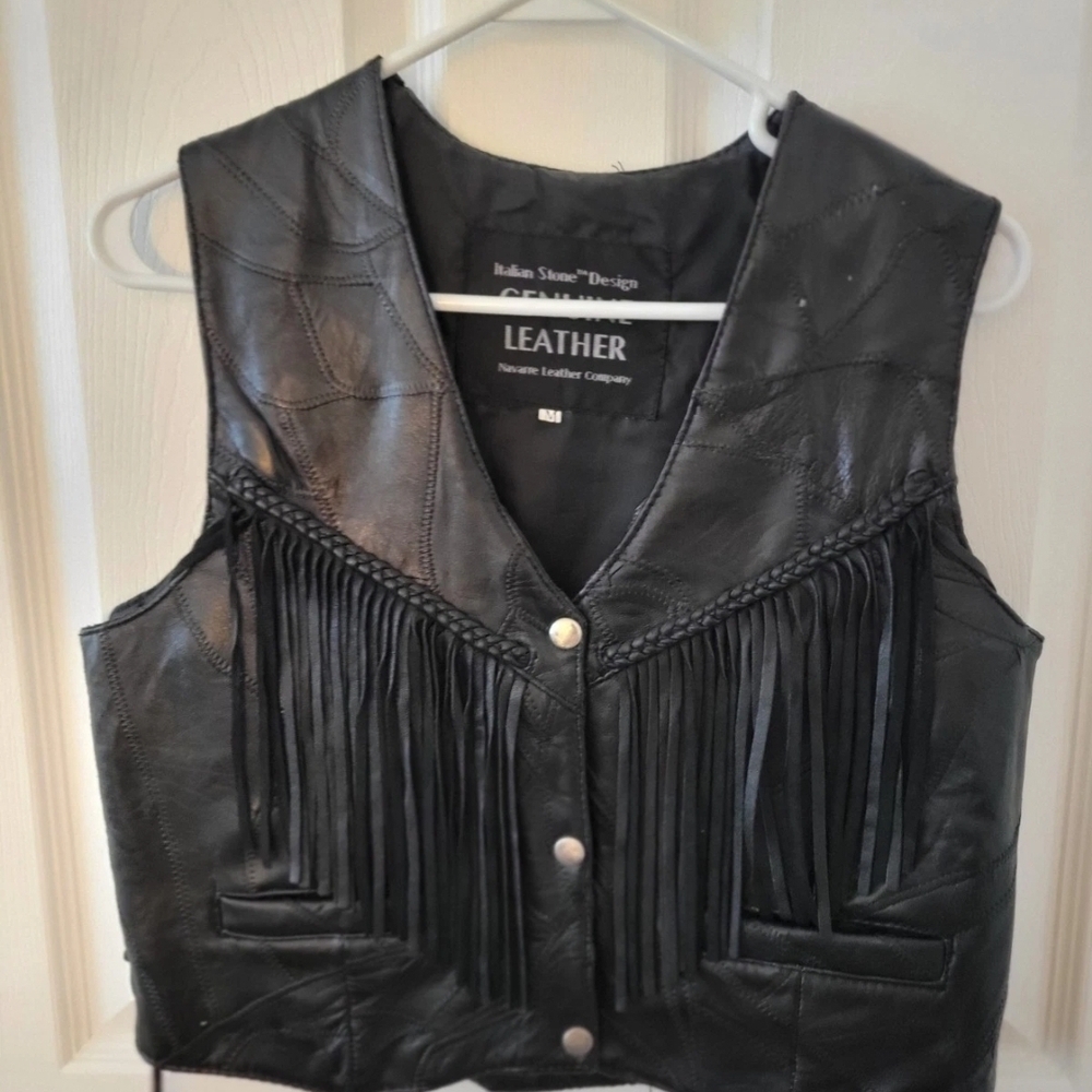 Itslian Stone Fringe Patchwork Black Leather Vest